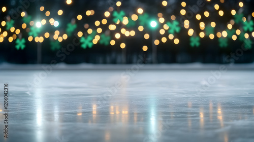 Twinkling lights reflect on the frozen surface of a skating rink, bringing a festive atmosphere. Great for winter-themed content and seasonal campaigns. Selective focus
