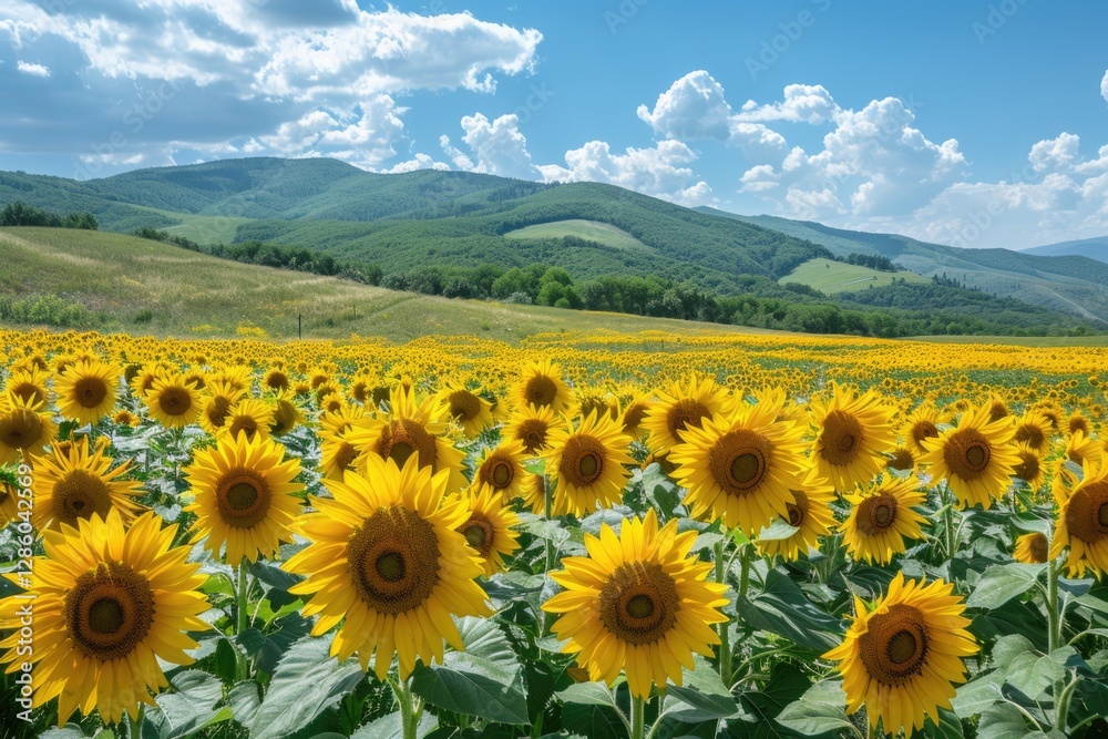 Fototapeta premium Sunflower field with mountain background