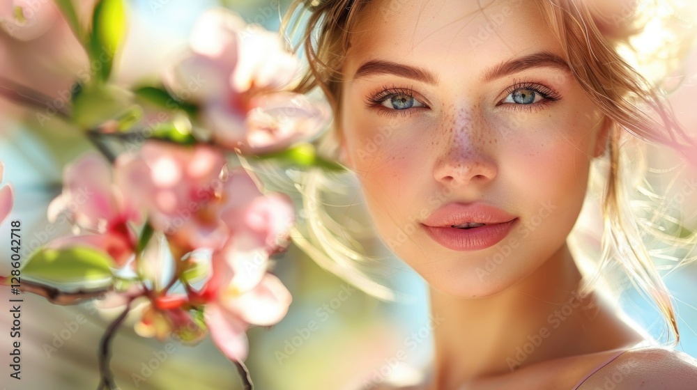 Portrait of a Young Woman Amidst Blooming Flowers with Sunlight and Natural Beauty Portrait of a Young Woman Amidst Blooming Flowers with Sunlight and Natural Beauty