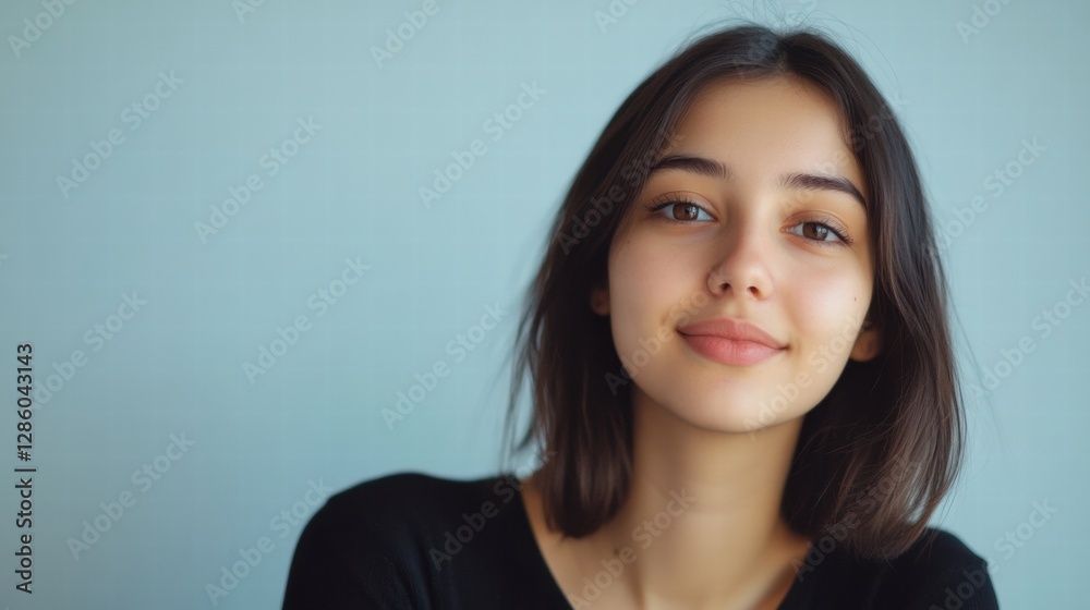 Calm Young Woman Smiling Softly While Posing in a Ne. Calm Young Woman Smiling Softly While Posing in a Ne.