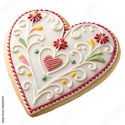 Sweet cookie decorated in the shape of a heart, isolated on transparent background