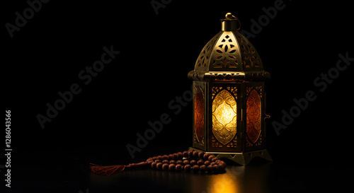 A golden Ramadhan lamp with Islamic rosary beads on dark background. Ramadan - an important Islamic festival. Islamic festive greeting card photo.