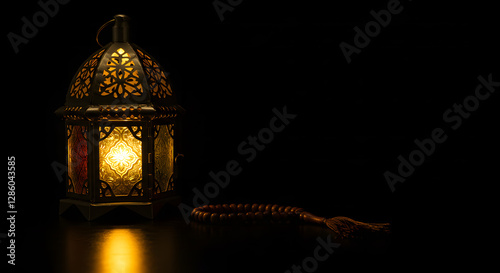 A black lantern patterns illuminates a candle against a blurred background of a sunset and a mosque. Ramadan and Islamic culture concept.