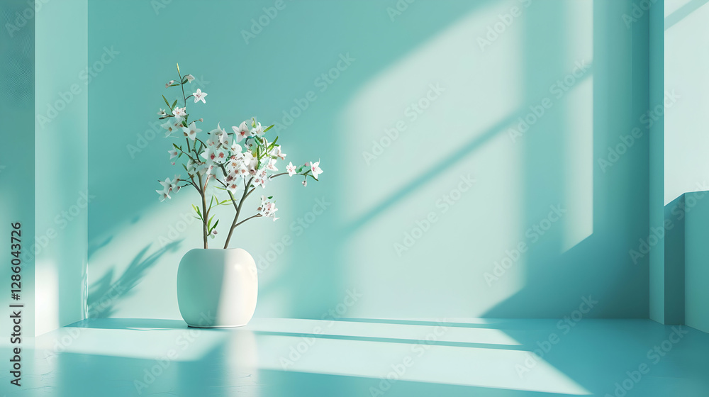 Obraz premium Serene interior scene featuring a white vase with blooming flowers against a pastel blue backdrop