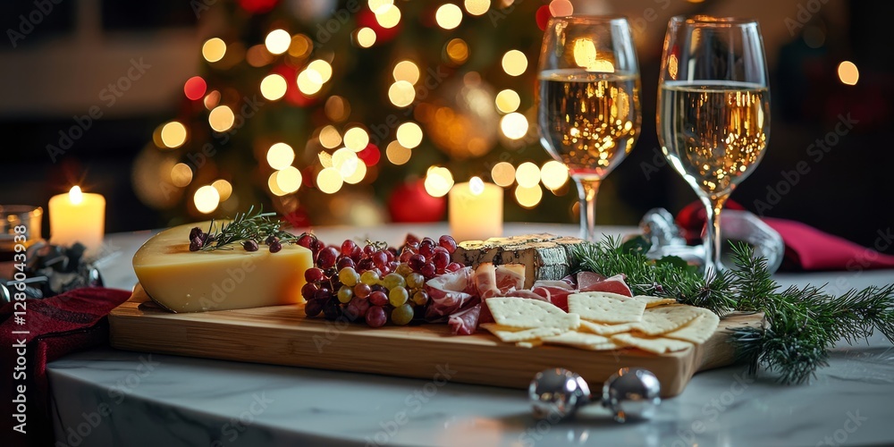 Fototapeta premium Festive Feast: A mouthwatering spread of gourmet cheeses, cured meats, and fresh grapes paired with sparkling champagne, all set against a backdrop of twinkling holiday lights.