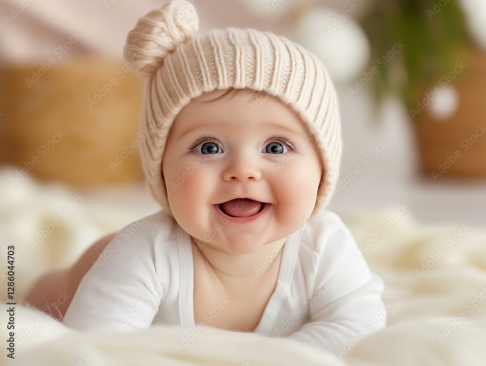 Delightful baby smiling in a cozy setting, wearing a cute knitted hat, radiating warmth and joy. Delightful baby smiling in a cozy setting, wearing a cute knitted hat, radiating warmth and joy.