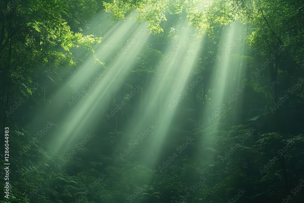 Obraz premium Sunbeams in a Lush Green Forest