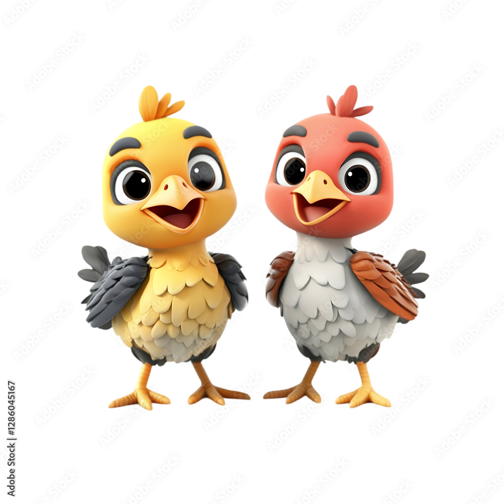 Two colorful junglefowl, each with a different expression on a simple transparent backdrop.