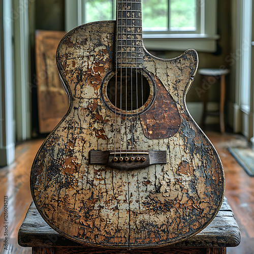 Vintage acoustic guitar with heavily distressed finish, showcasing a weathered, rustic aesthetic.  A powerful metaphor for time, experience, and enduring musical legacy.