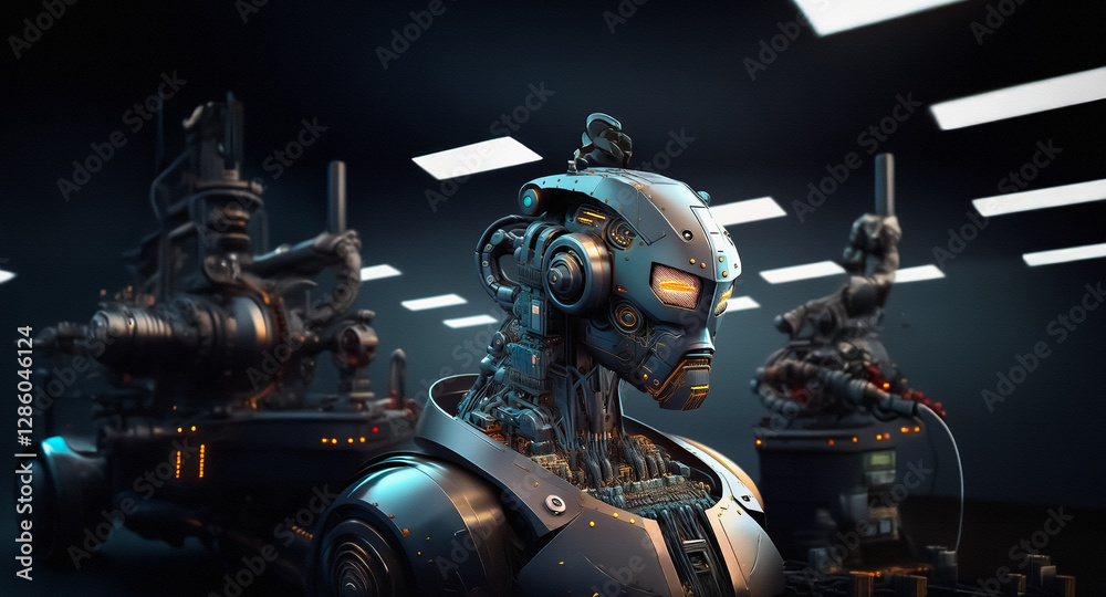 Fototapeta premium Futuristic robots stand in a dim, metallic place. Advanced machinery and detailed robotic figures are visible, showcasing complex technology.
