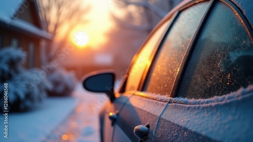 Frosted car windows, Close-up frosted car window on a quiet snowy morning intricate frost patterns reflecting sunrise photorealistic 8K UHD.