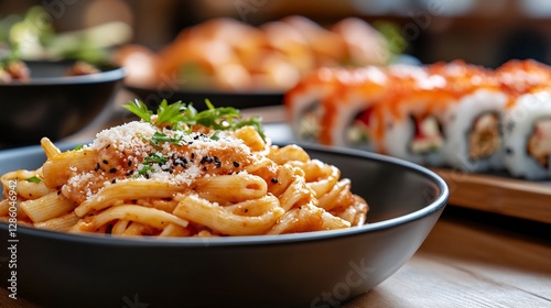 Pasta dish with sushi in background, restaurant setting photo