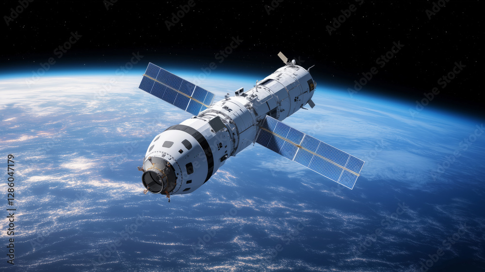 Obraz premium Advanced space station orbiting Earth with solar panels and detailed design
