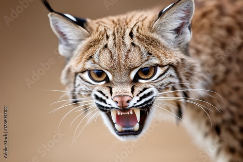 Close-up of a bobcat snarling, showing its sharp teeth and intense stare, against a blurred brown background.