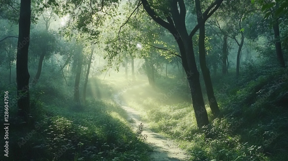 Obraz premium Sunbeams illuminate a misty forest path.