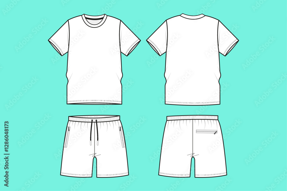  Mens crew neck t-shirt and Shorts mockup template technical flat sketch.