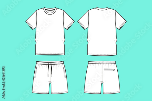  Mens crew neck t-shirt and Shorts mockup template technical flat sketch.