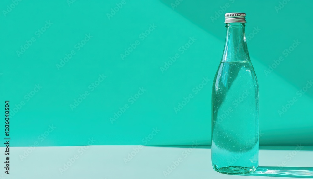 Sparkling Water in Glass Bottle on Teal Background Sparkling Water in Glass Bottle on Teal Background
