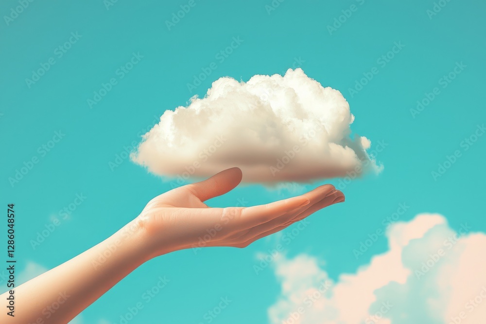 Reaching for the Sky: A hand delicately cradles a fluffy cloud against a backdrop of a serene blue sky, evoking a sense of dreams, and aspiration. Reaching for the Sky: A hand delicately cradles a fluffy cloud against a backdrop of a serene blue sky, evoking a sense of dreams, and aspiration.
