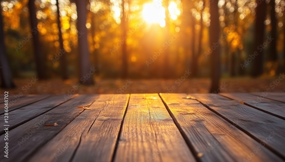 Golden Hour of Autumn: A textured wooden surface in the foreground leads the eye towards a blurred autumnal forest bathed in the warm glow of the sunset. Golden Hour of Autumn: A textured wooden surface in the foreground leads the eye towards a blurred autumnal forest bathed in the warm glow of the sunset.