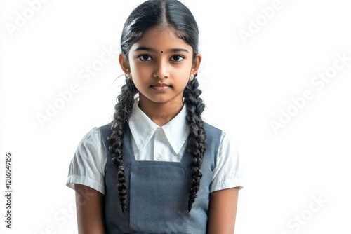 Indian Girl in School Uniform,Standing Isolated Over White Background Ready to Leave