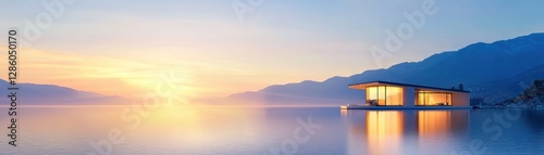 Sunrise lake house, tranquil scene.