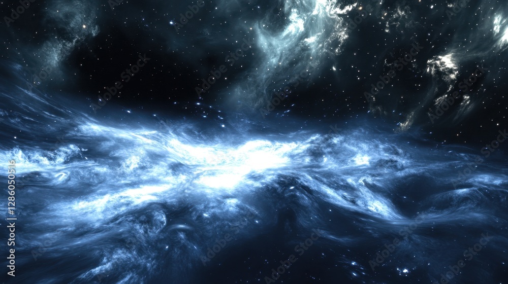 Obraz premium A celestial ocean of swirling nebula gas, its waves forming radiant islands of stardust