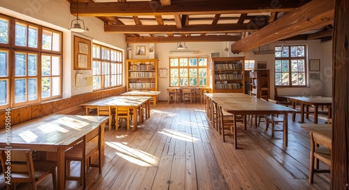 Sunlit Library Interior  A beautifully lit library or study space  bathed in natural light from large windows  features wooden tables  and bookshelves in an inviting and scholarly atmosphere.