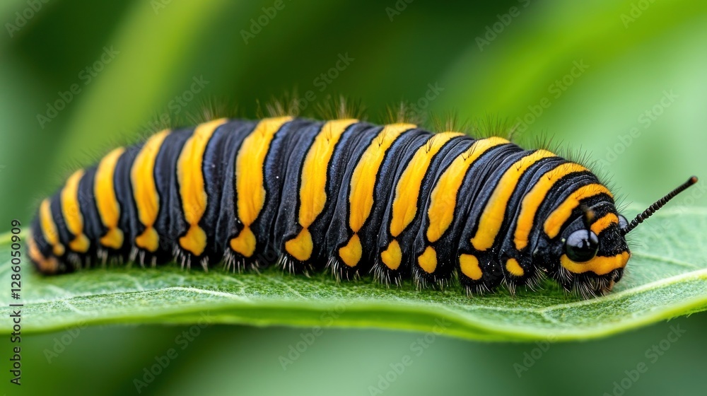 Black and Yellow Caterpillar on Leaf in Garden Black and Yellow Caterpillar on Leaf in Garden