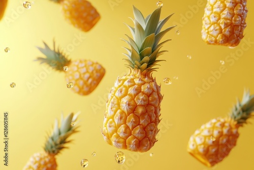 Vibrant floating pineapples against a sunny yellow backdrop create a joyful summer atmosphere. Generative AI
