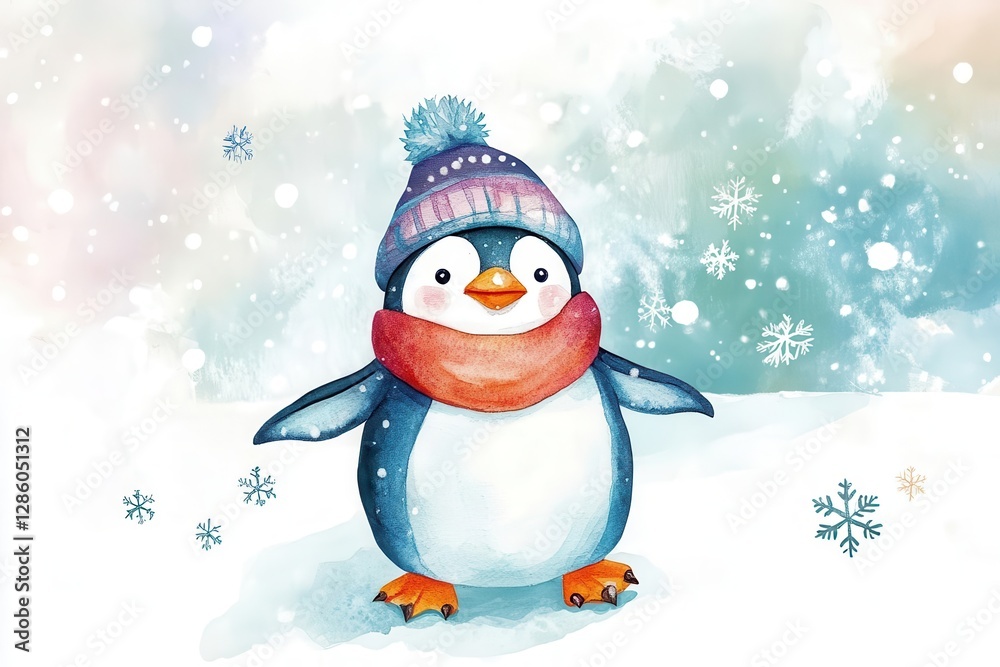 whimsical watercolor penguin in winter attire playing with snowflakes soft pastel colors playful childrens book illustration style whimsical watercolor penguin in winter attire playing with snowflakes soft pastel colors playful childrens book illustration style