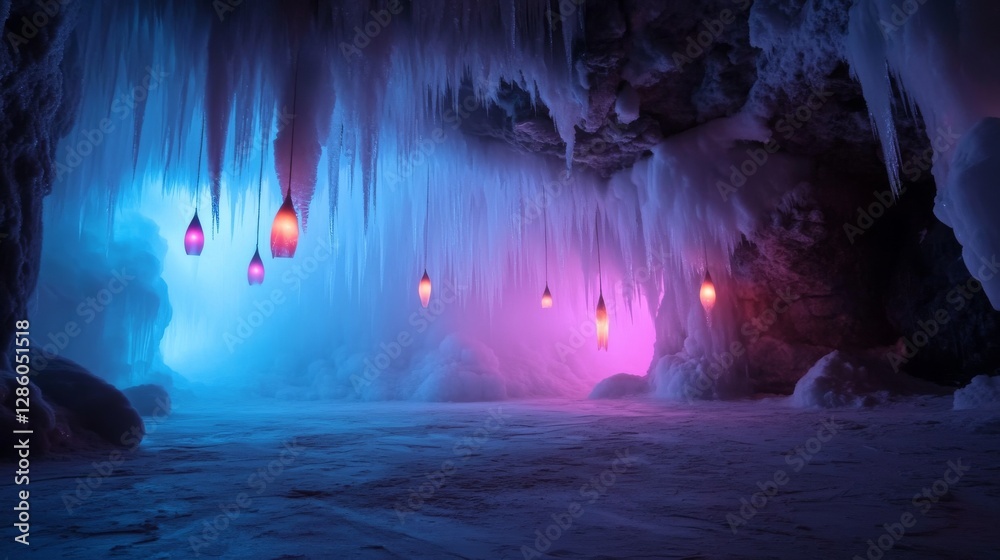 Fototapeta premium Icy cave illuminated with colorful lamps