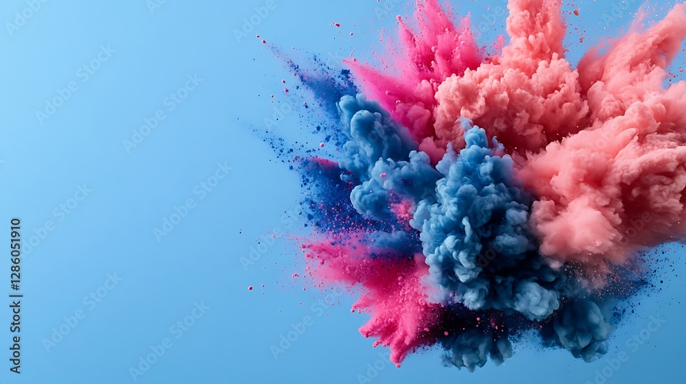 Obraz premium Vibrant Pink and Blue Powder Explosion Against a Sky Blue Background AI Generated