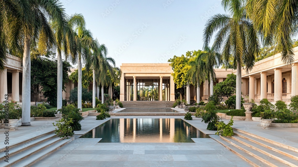 Tranquil oasis courtyard; sunrise.  Resort architecture; palm trees. Peaceful retreat