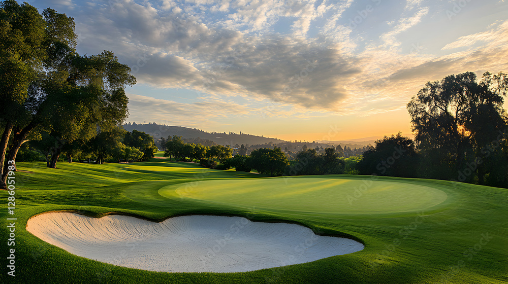 Naklejka premium Golf Course at Sunrise, Beautiful Green and Sand Bunker