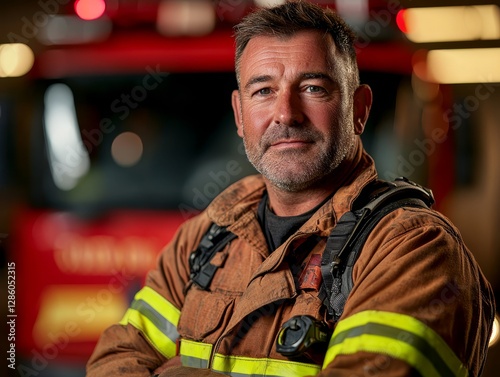 Heroic Portrait: A seasoned firefighter, radiating confidence and resilience, stands proudly in front of a fire truck, embodying the spirit of bravery and dedication.