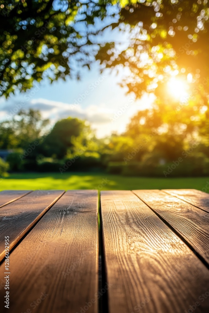 Golden Hour Table: A wooden table bathed in the soft glow of the golden hour, framed by lush greenery and a vibrant blue sky, offers a perfect setting for relaxation and connection with nature. Golden Hour Table: A wooden table bathed in the soft glow of the golden hour, framed by lush greenery and a vibrant blue sky, offers a perfect setting for relaxation and connection with nature.
