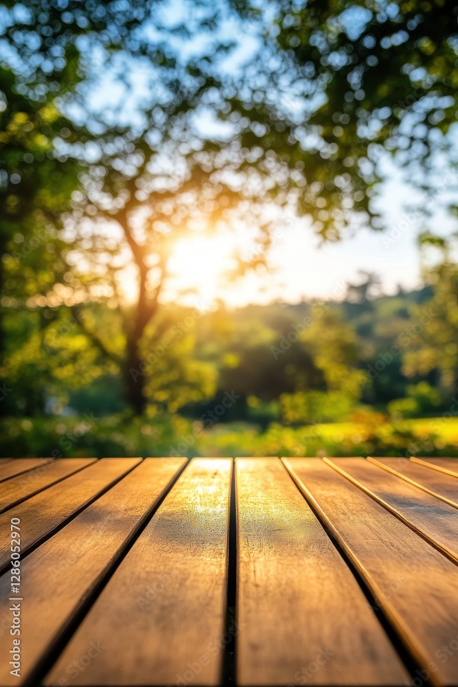 Wooden Table with View: A close-up of a wooden table, with a blurred backdrop of lush greenery bathed in warm sunlight, creating a sense of inviting ambiance. Wooden Table with View: A close-up of a wooden table, with a blurred backdrop of lush greenery bathed in warm sunlight, creating a sense of inviting ambiance.