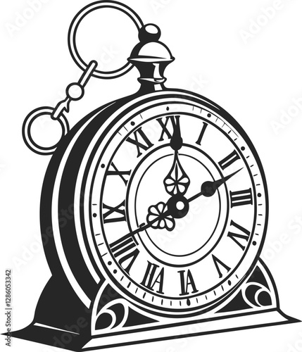 Ornate vintage mantel clock with Roman numerals and keychain, perfect for antique timepiece vector art designs