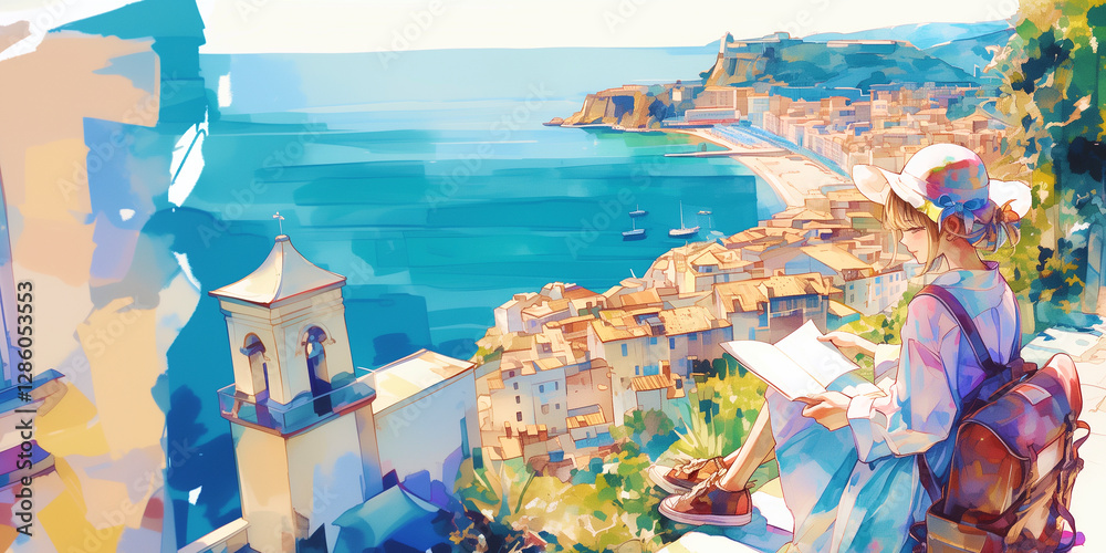 Naklejka premium 旅する少女。水彩画、イラスト、背景、バナー素材、挿絵、