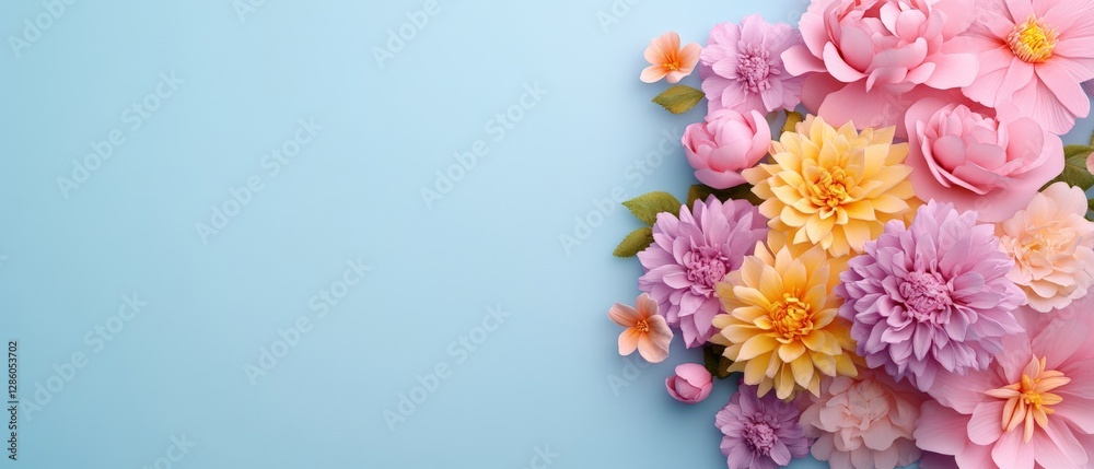 Vibrant floral arrangement with pink yellow and purple blossoms against pastel blue background creating an elegant botanical composition with delicate petals and fresh spring aesthetic Vibrant floral arrangement with pink yellow and purple blossoms against pastel blue background creating an elegant botanical composition with delicate petals and fresh spring aesthetic