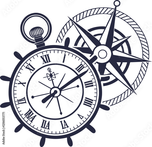 Vintage pocket watch and compass with nautical rope, perfect for time travel and maritime adventure vector designs