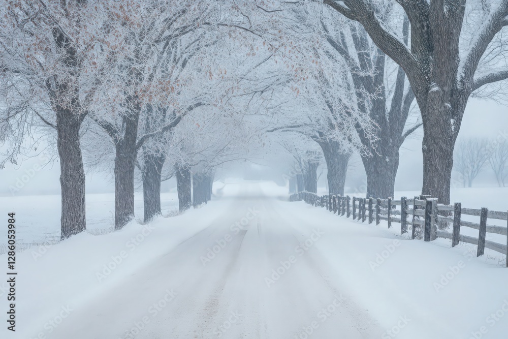 Snow Covered Road Through Snowy Trees on a Winter Day Snow Covered Road Through Snowy Trees on a Winter Day