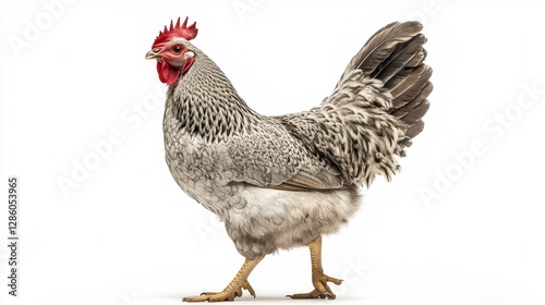 Close-up of a speckled hen against a white background, showcasing its intricate plumage detail.