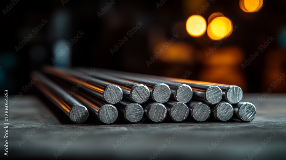 Naklejka premium Stack of metal rods with a blurry background. The rods are all the same size and are lined up in a row