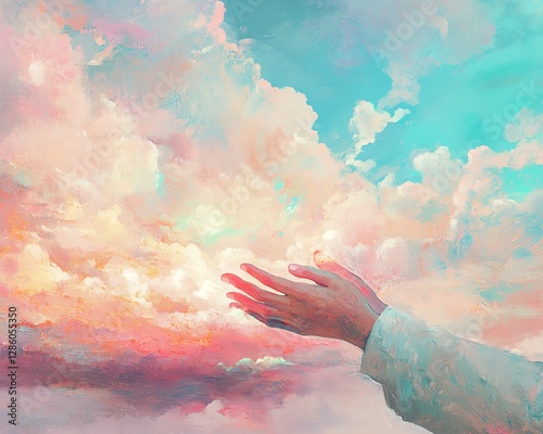 Whimsical dreamscape, soft hands grasping weightless clouds, impressionist painting style, glowing sky, serene and imaginative AI artwork
