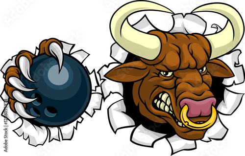 A bull or Minotaur monster longhorn cow angry mean ten pin bowing mascot cartoon.