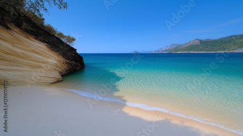 Fototapeta Naklejka Na Ścianę i Meble -  Beautiful beach with a cliff in the background. The water is calm and the sky is clear