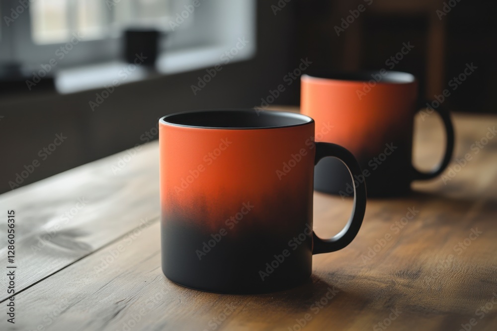 Modern Ceramic Mugs with Orange and Black Gradient on Table Modern Ceramic Mugs with Orange and Black Gradient on Table