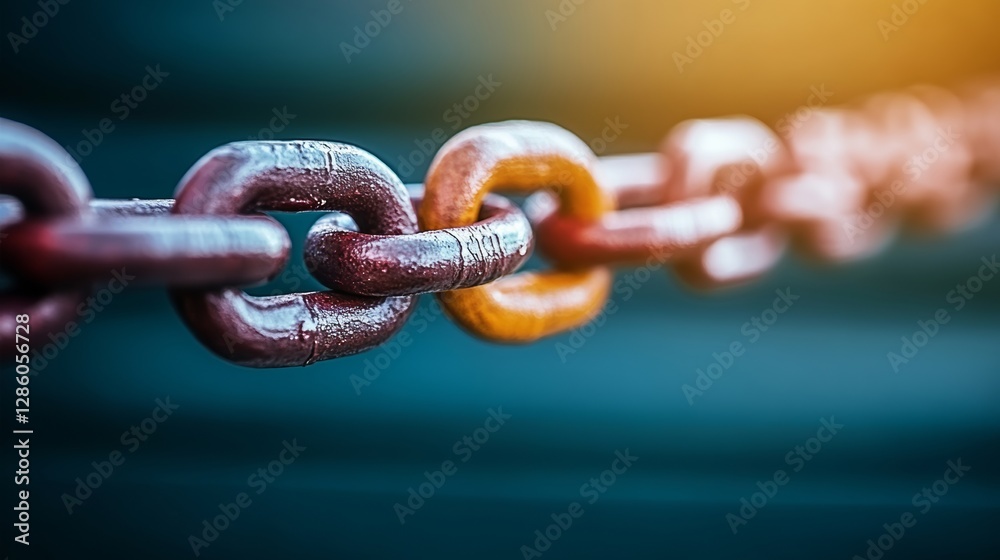 Chain of links with a yellow link in the middle. The chain is made of metal and is hanging from a blue background Chain of links with a yellow link in the middle. The chain is made of metal and is hanging from a blue background